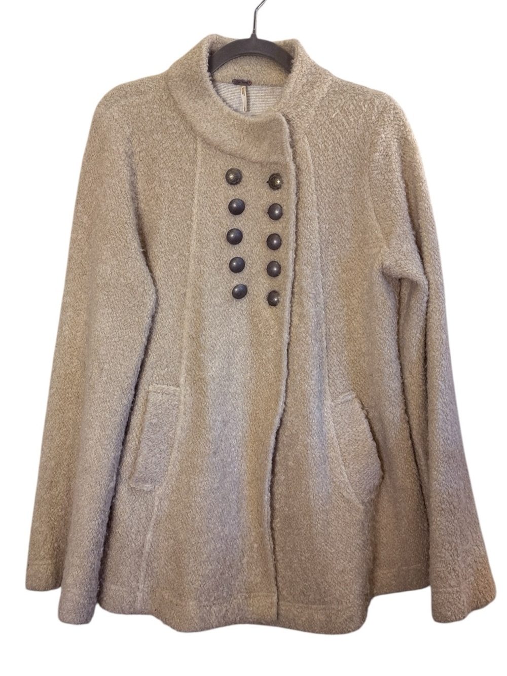 Free People Women’s Beige Bouclé Double-Breasted Military Inspired Swing Coat L